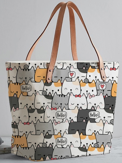 

STYBUZZ White Printed Structured Tote Bag with Applique