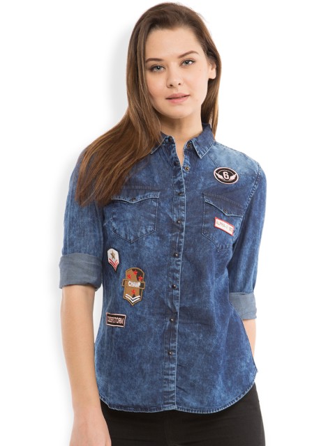 

Tokyo Talkies Women Navy Slim Fit Denim Shirt, Navy blue
