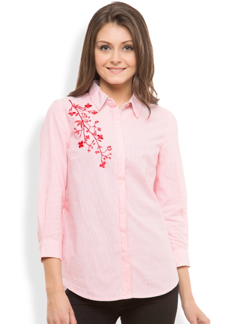 

Tokyo Talkies Women Red & White Slim Fit Striped & Embroidered Casual Shirt