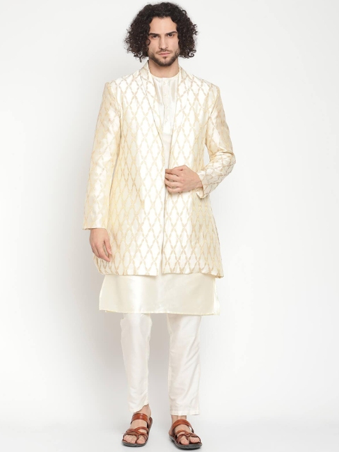 

Abhishti Men Cream-Coloured Ethnic Motifs Layered Kurta & Churidar with Jacket