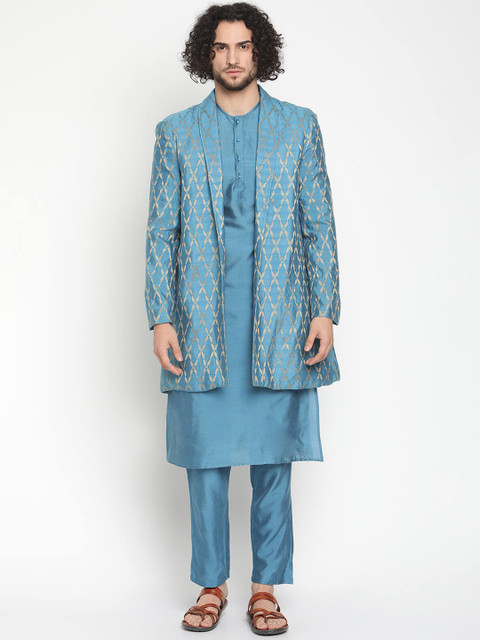 

Abhishti Men Blue Layered Jacquard Kurta with Pyjamas & Jacket