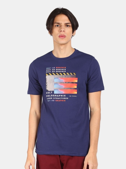 

Colt Men Blue & Orange Printed Pure Cotton T-shirt