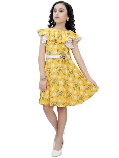 

Tiny Girl Yellow Floral Knee Length Fit & Flare Belted Dress