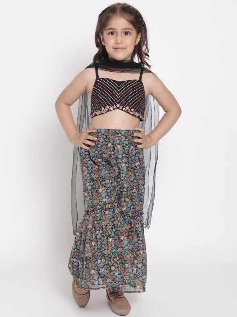 

Nauti Nati Girls Black Floral Embroidered Top with Sharara With Dupatta