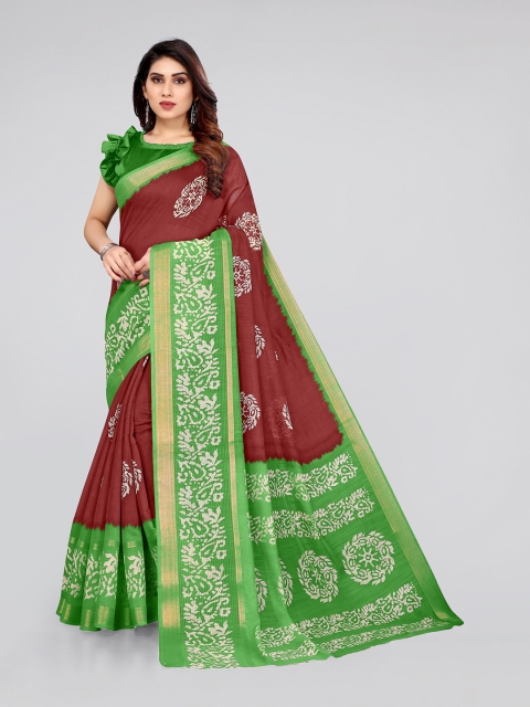 

KALINI Maroon & Green Batik Printed Zari Block Print Saree