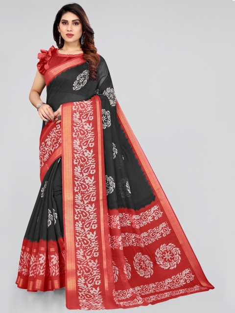 

KALINI Black & Red Batik Block Print Saree