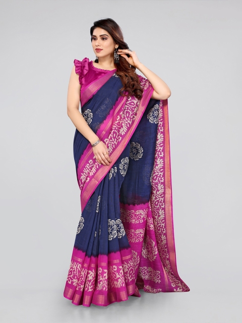 

KALINI Navy Blue & Pink Batik Printed Saree