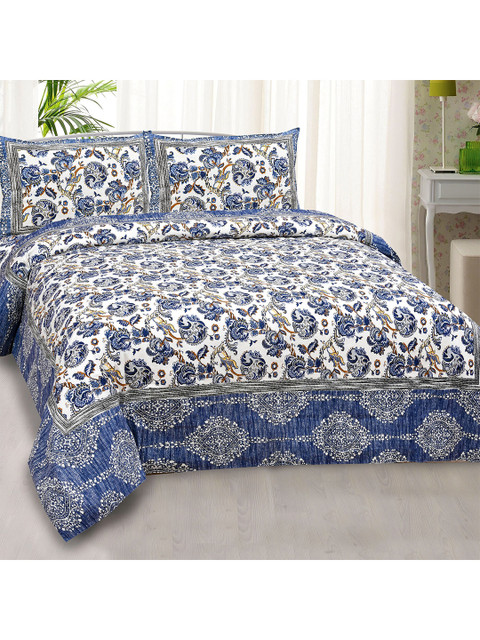 

JAIPUR FABRIC Blue & White Floral 240 TC Pure Cotton King Bedsheet with 2 Pillow Covers