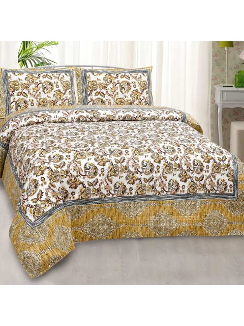 

JAIPUR FABRIC Gold-Toned & White Floral King Bedsheet with 2 Pillow Covers