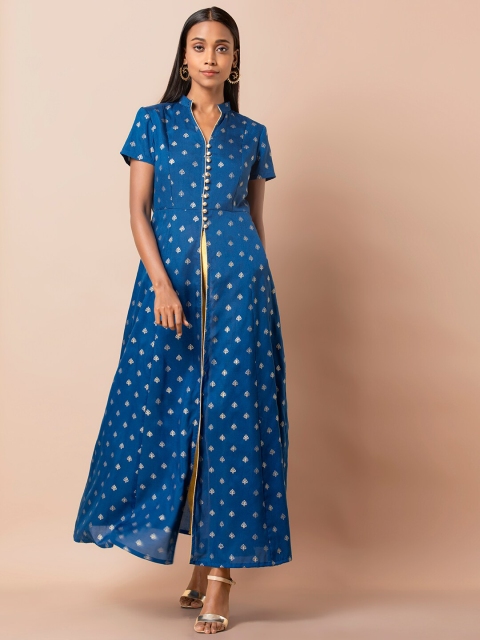 

INDYA Women Blue Printed Ethnic Longline Shrug