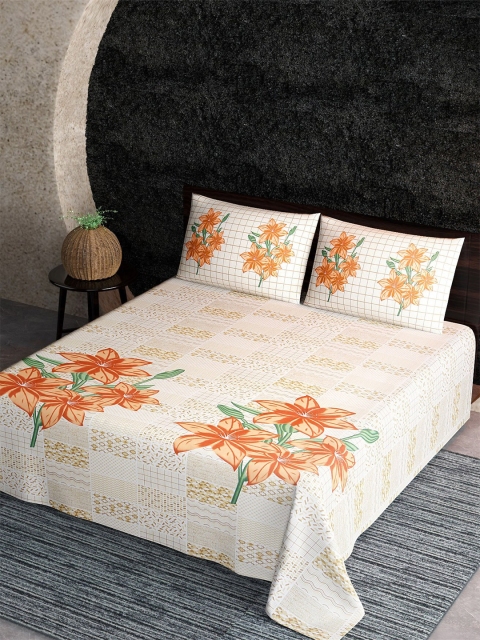 

Aura Cream-Coloured & Orange Floral 144 TC Cotton King Bedsheet with 2 Pillow Covers