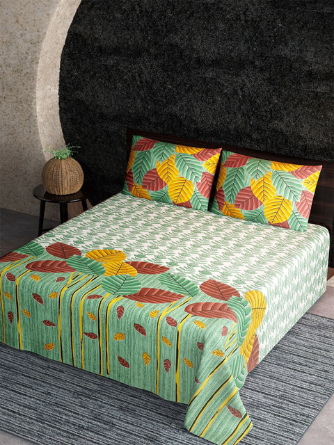 

Aura White & Green Floral 144 TC King Bedsheet with 2 Pillow Covers
