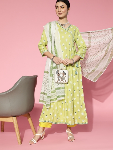 

Stylum Women Lime Green & Off White Ethnic Motifs Printed Anarkali Kurta with Dupatta