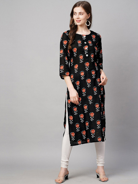 

KALINI Women Black Cotton Floral Printed Straight Kurta