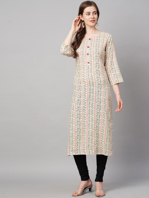 

KALINI Women Cream Floral Striped Cotton Kurta