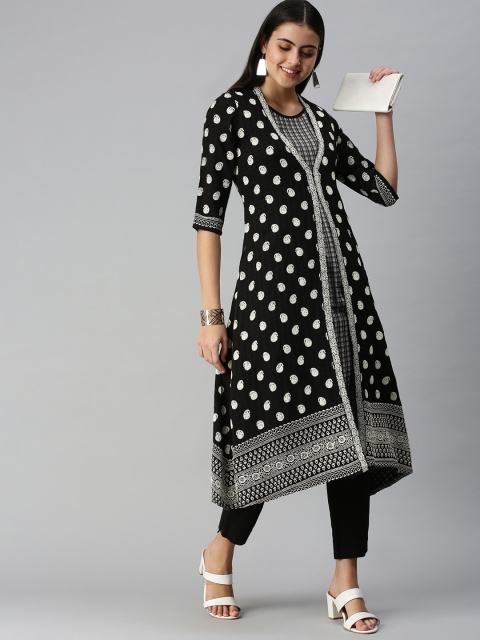 

ETIQUETTE Women Black & White Ethnic Motifs Embroidered Layered A-Line Kurta