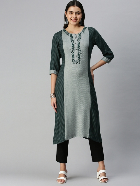 

ETIQUETTE Women Green & Grey Colourblocked Thread Work Straight Kurta