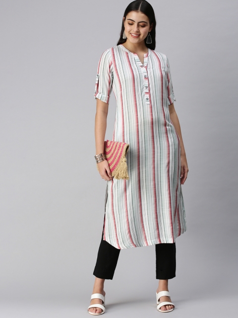 

ETIQUETTE Women White & Pink Striped Straight Kurta
