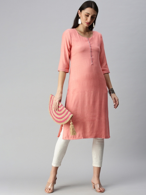 

ETIQUETTE Women Peach-Coloured Solid Straight Kurta