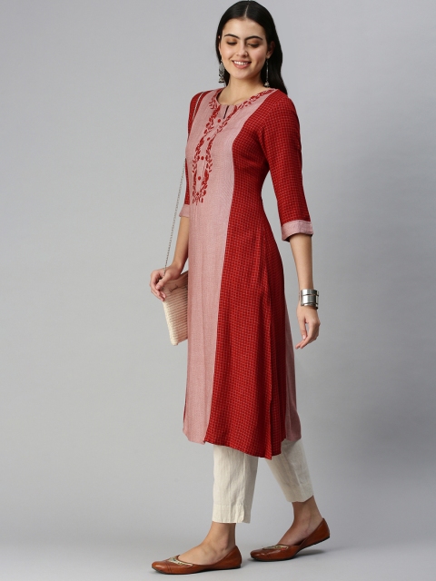 

ETIQUETTE Women Red & Off-White Checked Thread Work Straight Kurta