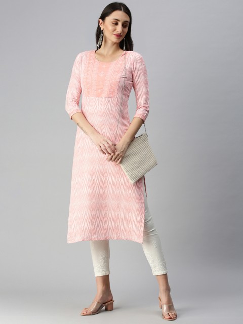 

ETIQUETTE Women Peach-Coloured & White Chevron Print Thread Work Straight Kurta