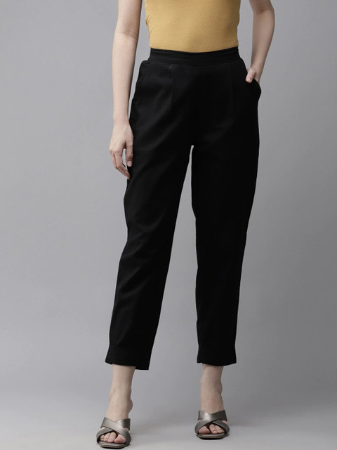 

Amirah s Women Black Straight Fit Cropped Pure Cotton Trousers