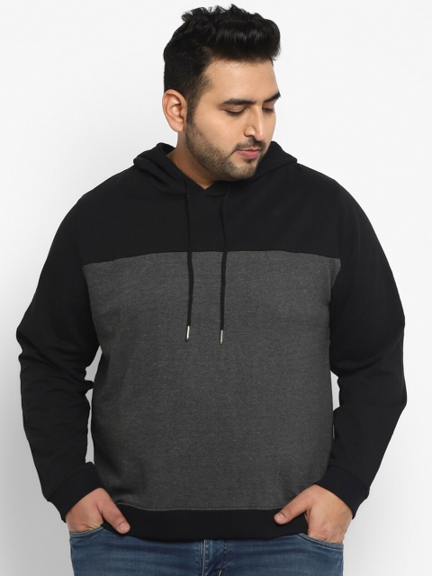 

American Crew Plus Men Black & Charcoal Grey Colourblocked Cotton Hooded Sweatshirt