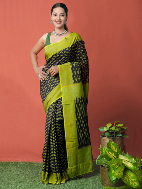 

Unnati Silks Black & Green Pure Cotton Pochampally Saree