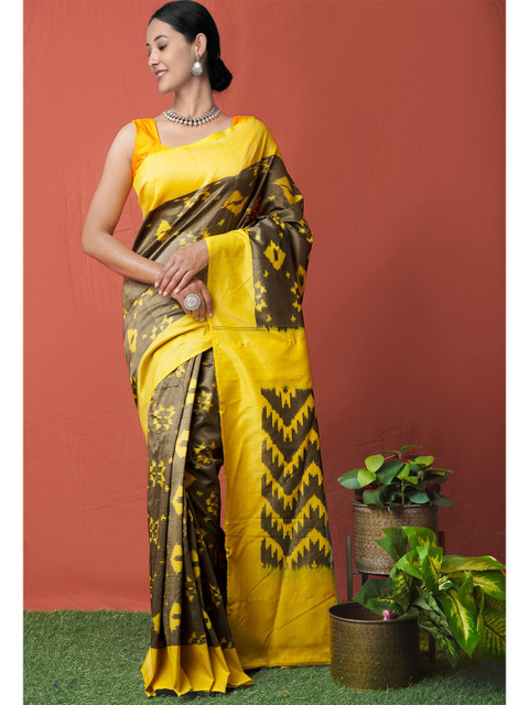 

Unnati Silks Grey & Yellow Ikat Woven Silk Cotton Handloom Pochampally Saree