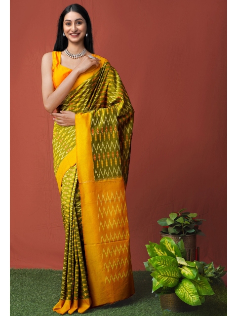 

Unnati Silks Green & Yellow Silk Cotton Pochampally Saree