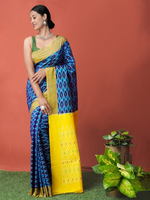 

Unnati Silks Navy Blue & Gold-Toned Pure Cotton Pochampally Saree