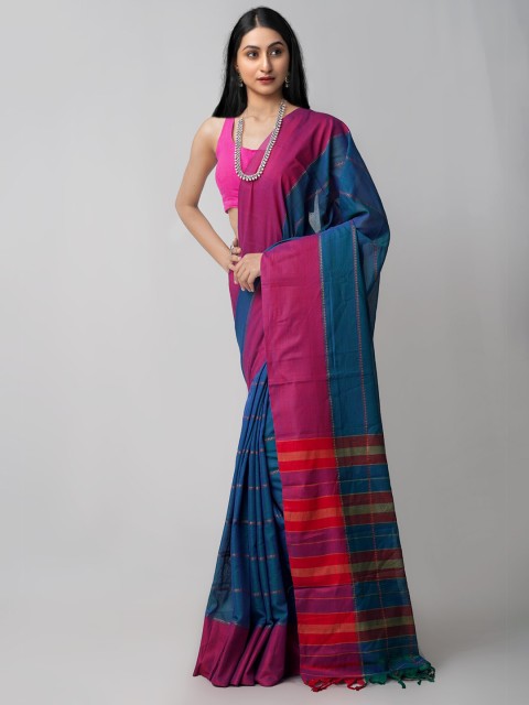 

Unnati Silks Blue & Magenta Striped Pure Cotton Narayan Peth Saree