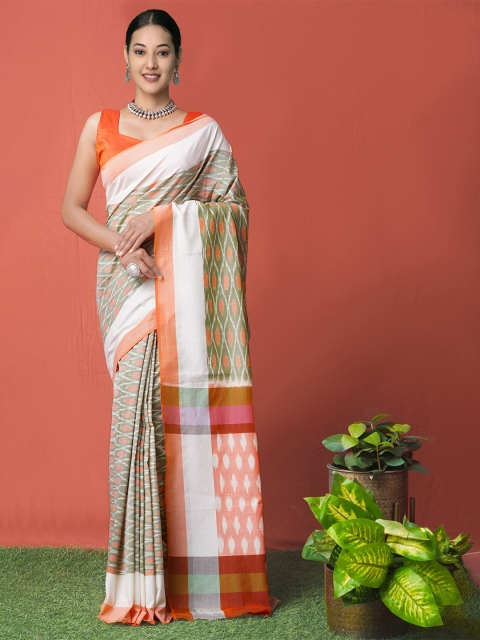 

Unnati Silks Green & Orange Pure Cotton Pochampally Saree