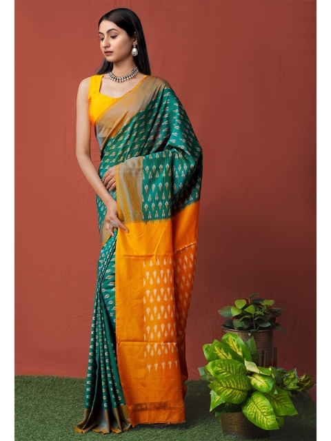 

Unnati Silks Green & Orange Pure Cotton Pochampally Saree