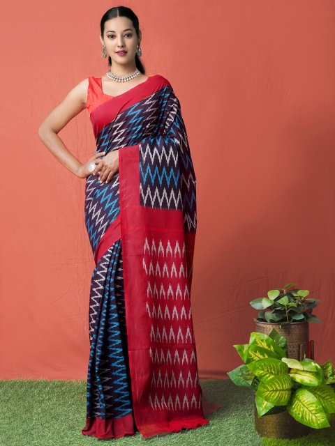 

Unnati Silks Navy Blue & Red Printed Silk Cotton Pochampally Saree