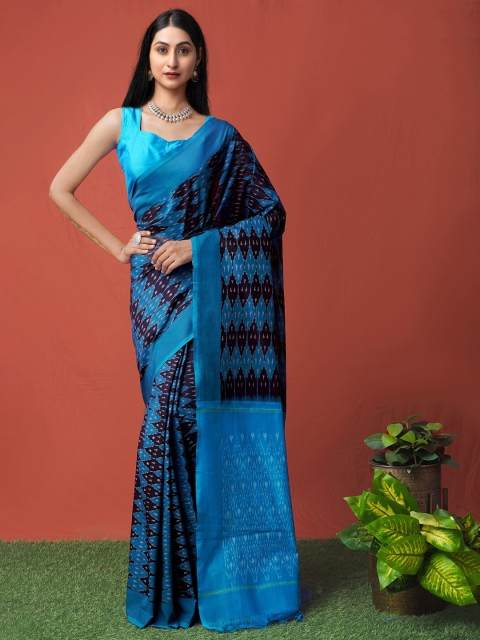 

Unnati Silks Black & Blue Printed Pure Ikat Pochampally Silk Cotton Saree