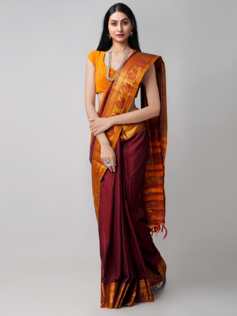 

Unnati Silks Maroon & Gold-Toned Woven Design Zari Pure Cotton Narayan Peth Saree