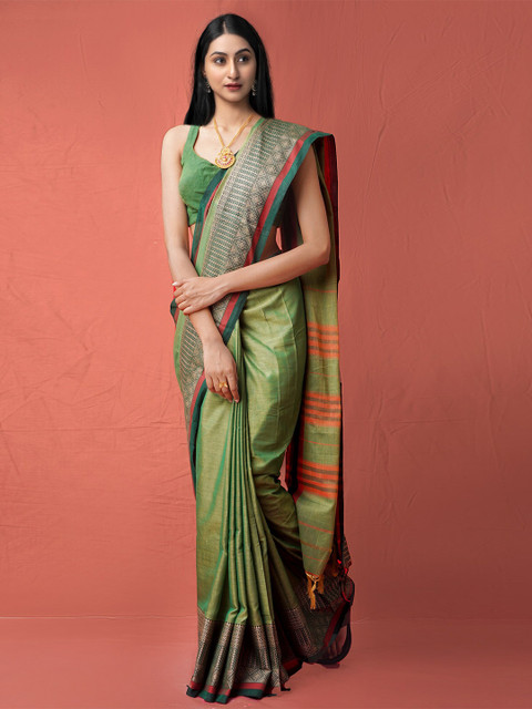 

Unnati Silks Green & Orange Woven Design Pure Cotton Narayan Peth Saree
