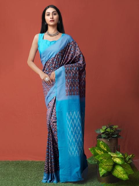 

Unnati Silks Grey & Blue Pure Cotton Handloom Sustainable Ikat Pochampally Saree