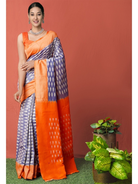 

Unnati Silks Blue & Orange Pure Cotton Ikat Pochampally Saree