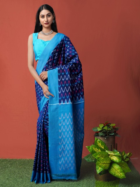 

Unnati Silks Blue & Pink Printed Pure Cotton Pochampally Saree
