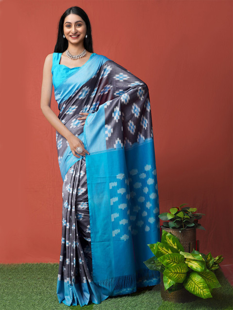 

Unnati Silks Grey & Blue Pure Cotton Pochampally Saree