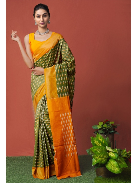 

Unnati Silks Green & Yellow Pure Cotton Handloom Sustainable Ikat Pochampally Saree