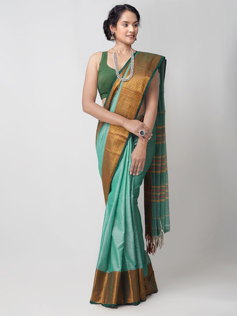 

Unnati Silks Green & Gold-Toned Pure Cotton Handloom Sustainable Narayan Peth Saree