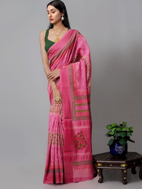 

Unnati Silks Pink Block Printed Mysore Silk Saree