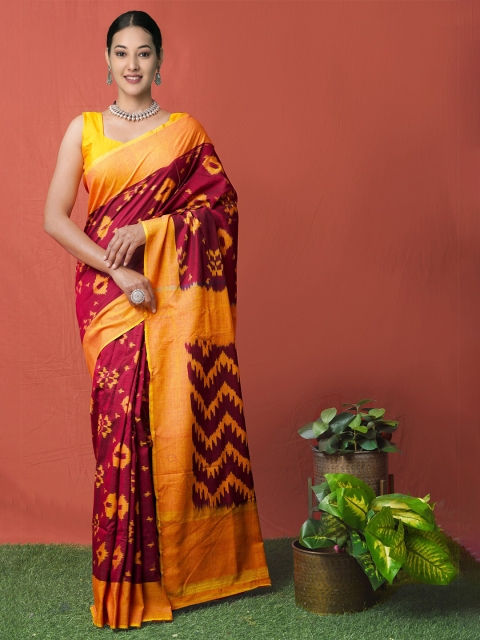 

Unnati Silks Purple & Orange Silk Cotton Pochampally Saree