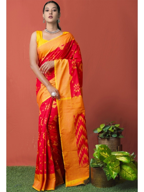 

Unnati Silks Red & Orange Silk Cotton Pochampally Saree
