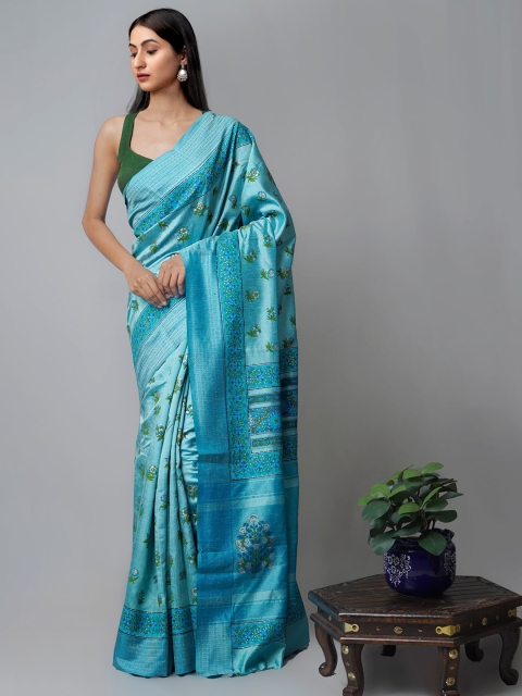 

Unnati Silks Turquoise Blue & Green Floral Silk Blend Mysore Silk Saree
