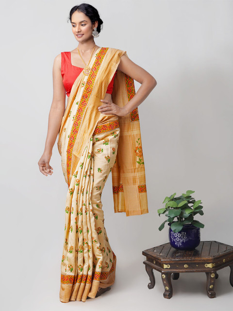 

Unnati Silks Brown & Orange Floral Silk Blend Handloom Sustainable Mysore Silk Saree