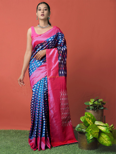 

Unnati Silks Blue & Magenta Ikat Handloom Silk Cotton Pochampally Saree